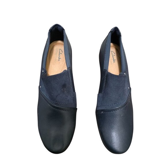 Clarks Collection Women's Work Navy Blue Slip-On Shoes W/ Low Block Heel - Picture 1 of 8